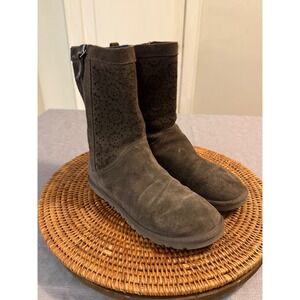 UGG Australia Gray Suede Laser Cut Perforated Floral Mid Calf Zip Boots Womens